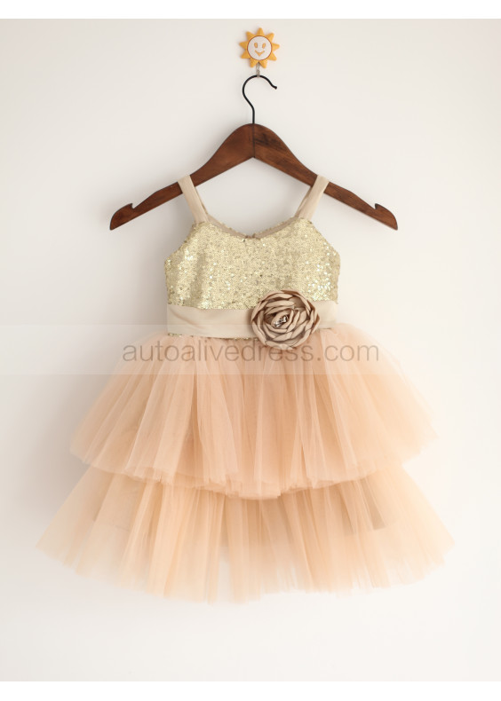 Gold Sequin Champagne Tulle Tutu Flower Girl Dress